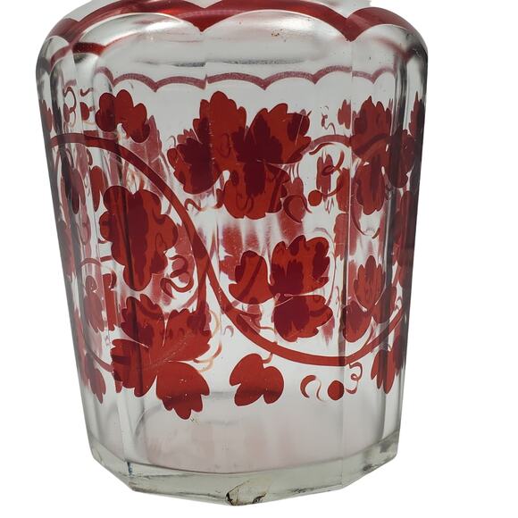 Antique Glass Panel Apothecary Jar Ruby Red Flash Grape Vine Leaf Clear Dome Lid - Picture 5 of 14